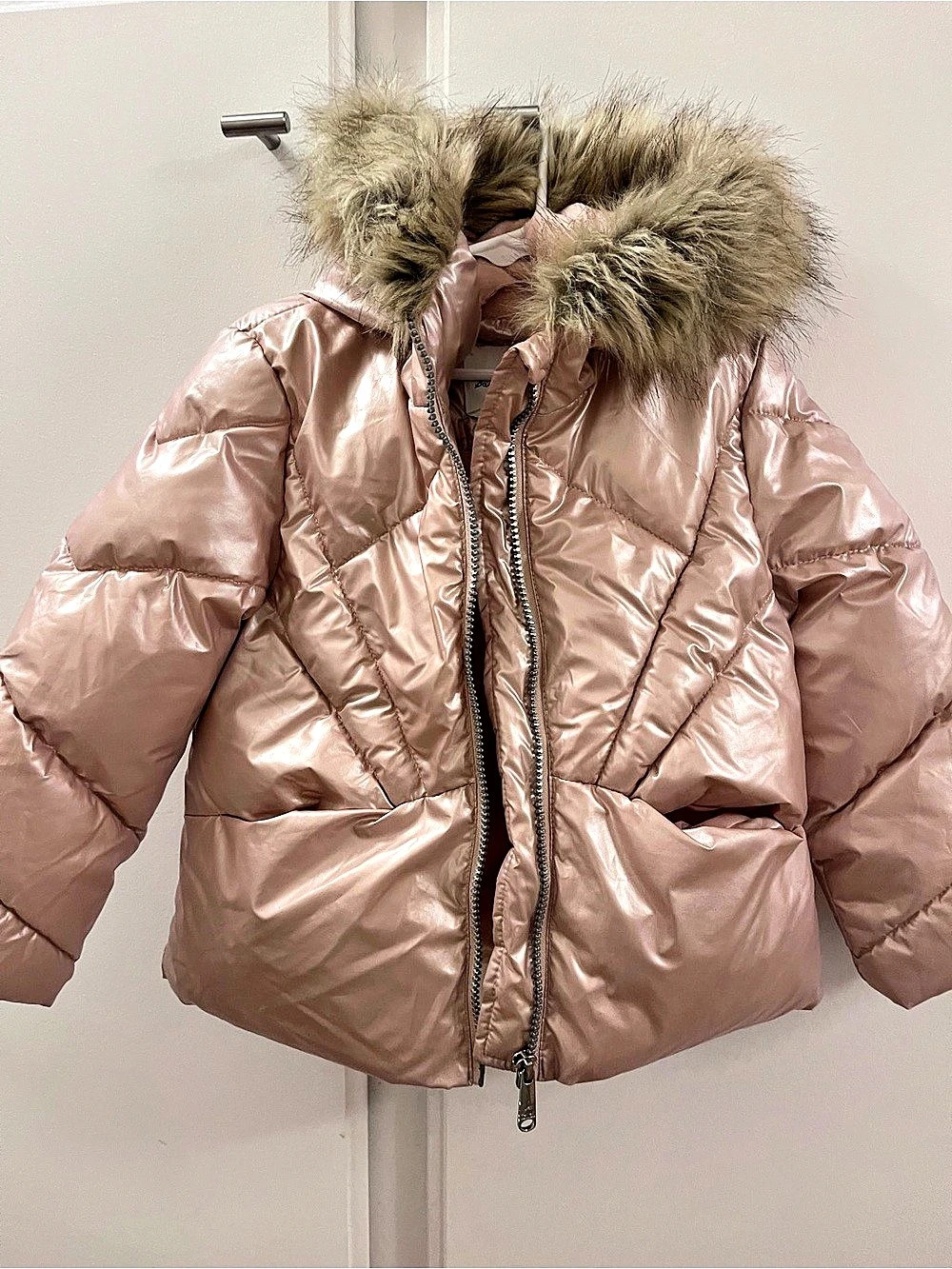 Sam Edelman Girls’ Pink Puffer Jacket with Faux Fur Hoodie Size 4